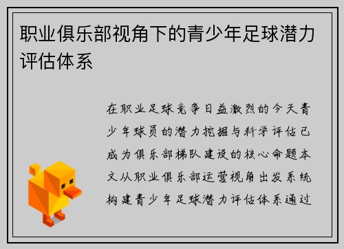 职业俱乐部视角下的青少年足球潜力评估体系